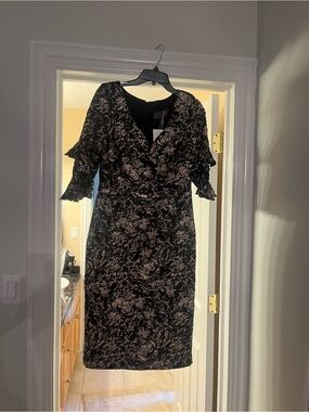 THEIA Brocade Sheath Dress Large Black Gold